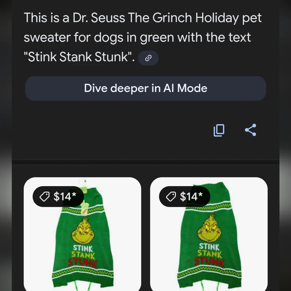 Dr Seuss Green Grinch Dog Sweater Stink stank stunck medium